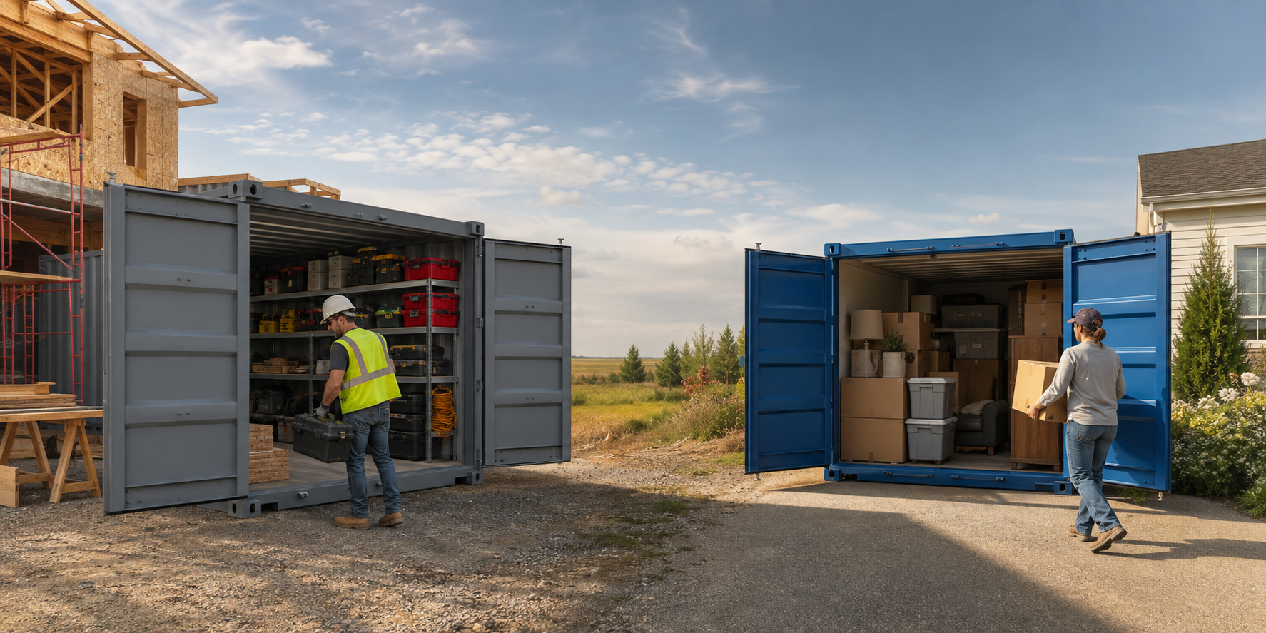 Derkson rental containers used for organized job-site storage and personal household storage